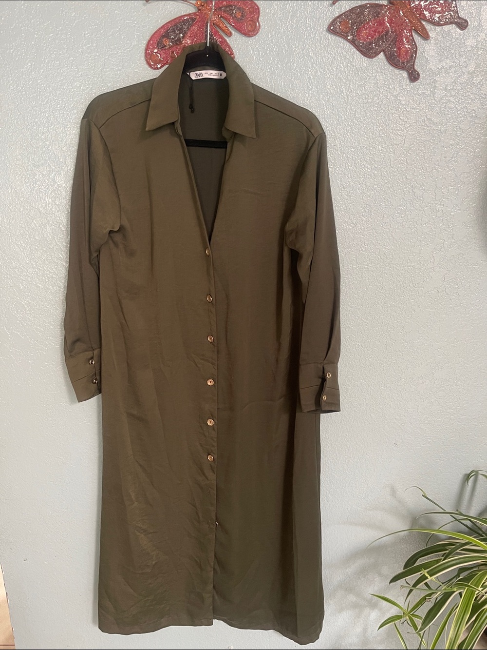 Zara Olive Green Maxi Shirt Dress